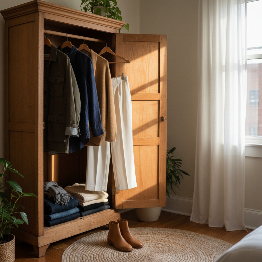 An open, vintage-inspired wooden wardrobe stands slightly ajar in a quiet apartment corner, revealing a thoughtfully assembled capsule collection. Inside, a small row of garments in harmonious tones—ink navy, soft camel, deep olive, and crisp white—each features distinctive details: a hand-stitched collar, corozo buttons, selvedge edges, and carefully pressed pleats. Folded jeans and a neatly stacked pile of knitwear occupy the lower shelf beside a pair of minimalist leather boots resting on an upcycled jute rug. Late-afternoon light filters through sheer curtains, casting delicate, dappled patterns across the wardrobe door and garments. Photographic realism, composed with the wardrobe slightly off-center using the rule of thirds, creating an intimate, reflective mood that speaks to long-term style, mindful consumption, and the quiet narratives behind favorite pieces.