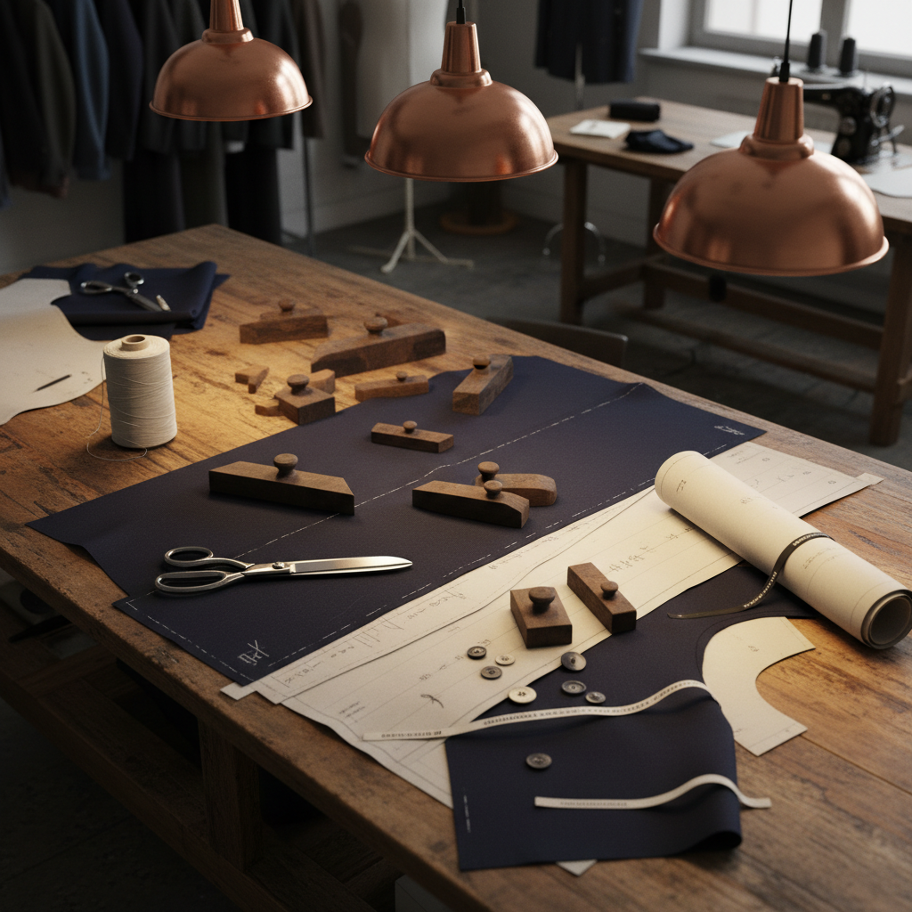 A deconstructed tailoring scene on a large pattern-cutting table: panels of rich midnight-blue wool suiting fabric, basted together with visible white threads, lie beside precision metal shears, wooden pattern weights, and chalk-marked paper patterns curled at the edges. Loose buttons, selvedge strips, and a spool of organic cotton thread are scattered along the tabletop, suggesting an interrupted moment of craft. Overhead industrial pendant lights cast focused pools of warm light, creating crisp shadows under each tool while the surrounding studio falls gently out of focus. Photographic realism, shot from a three-quarter overhead angle that emphasizes structure and geometry, evoking a contemplative, almost archival atmosphere suitable for an editorial feature on the hidden labor, heritage techniques, and evolving sustainability standards in modern suiting.