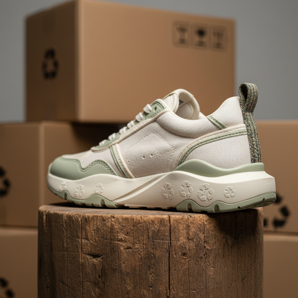 A close-up, hyper-detailed photographic shot of a single sustainable sneaker resting on a reclaimed wooden pedestal. The shoe combines off-white organic canvas, pale sage-green recycled rubber, and visible contrast stitching that traces its construction. The camera lingers on the sculpted sole, tiny embossed recycling icons, and a woven pull tab made from repurposed fibers. In the blurred background, stacked cardboard boxes stamped with non-legible symbols hint at responsible packaging. Soft studio lighting from two sides highlights texture on the canvas and subtle scuffs that suggest real-world wear. Shot from a low, slightly angled perspective with shallow depth of field, this image feels calm, modern, and analytical, ideal for an editorial story about the intersection of sneaker culture, design, and sustainability.