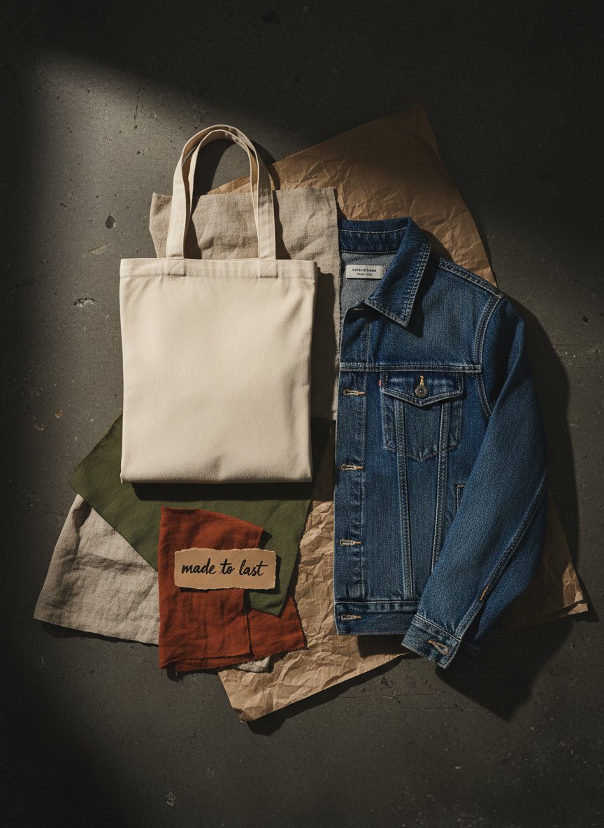 Sustainable fashion editorial flat-lay — denim jacket, fabric swatches, and organic tote on dark concrete