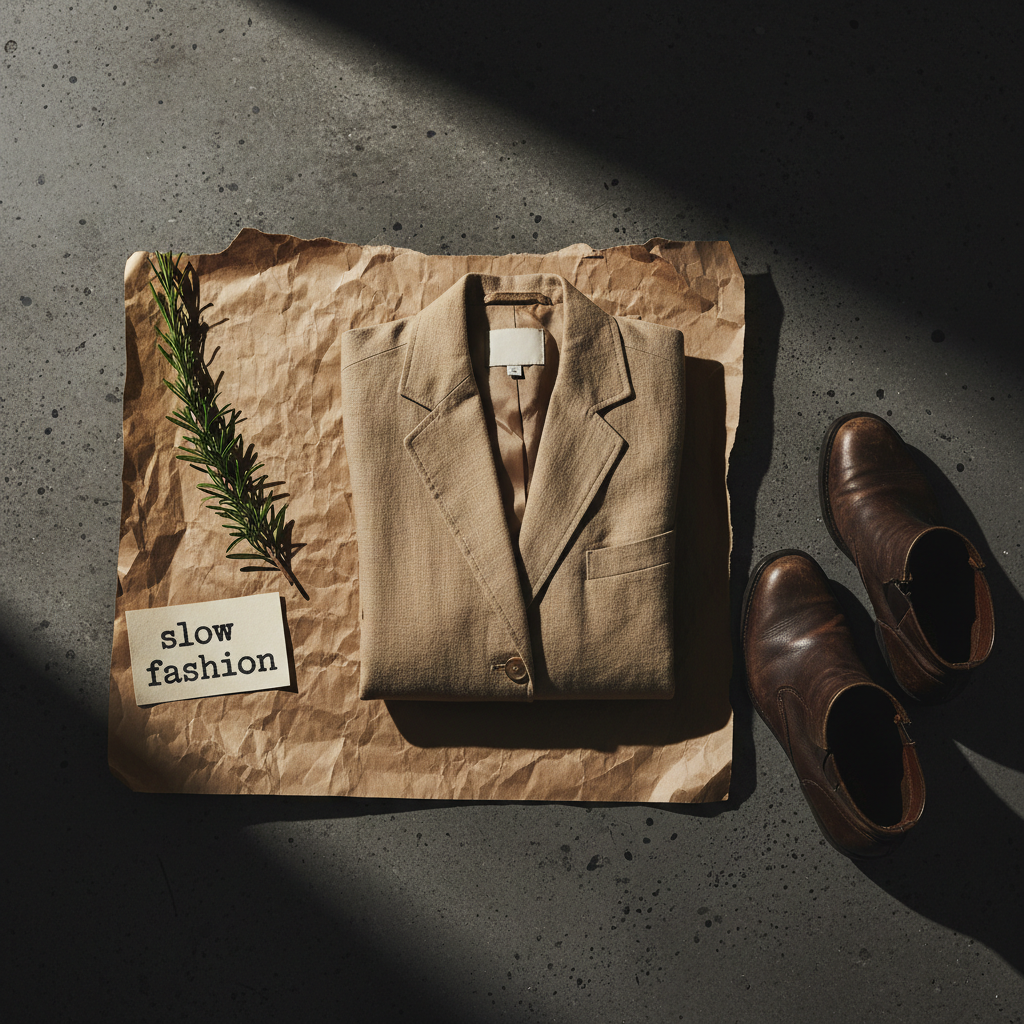 Slow fashion editorial flat-lay — linen blazer, plant sprig, and leather boots on dark concrete