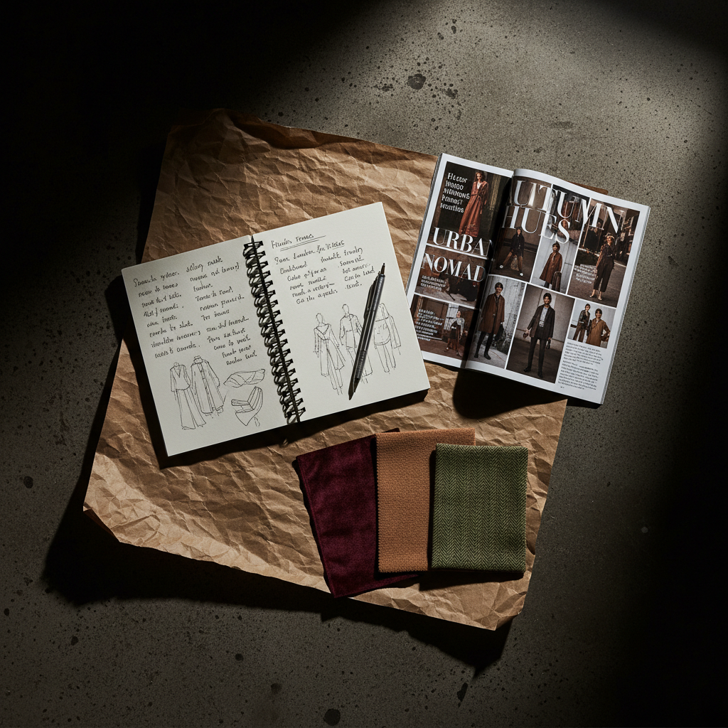 Fashion trend report editorial flat-lay — notebook with trend sketches, magazine, and seasonal fabric swatches