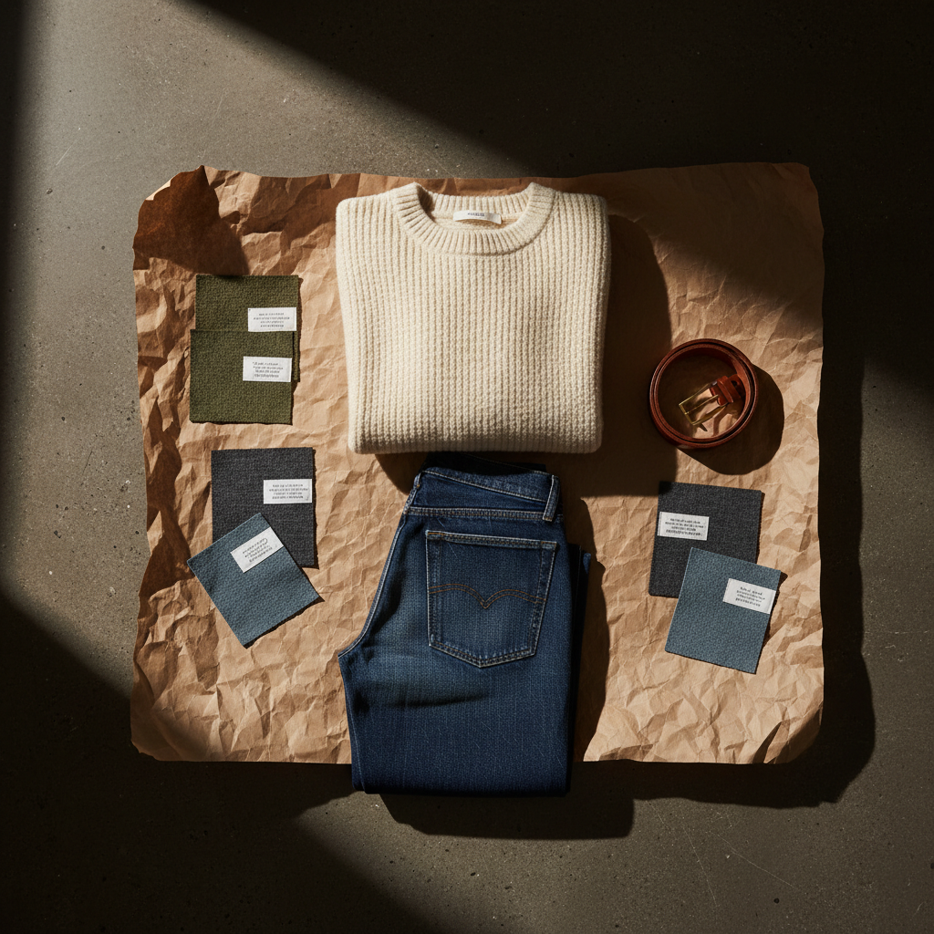 Sustainable capsule wardrobe editorial flat-lay — wool sweater, raw denim, and recycled fabric swatches