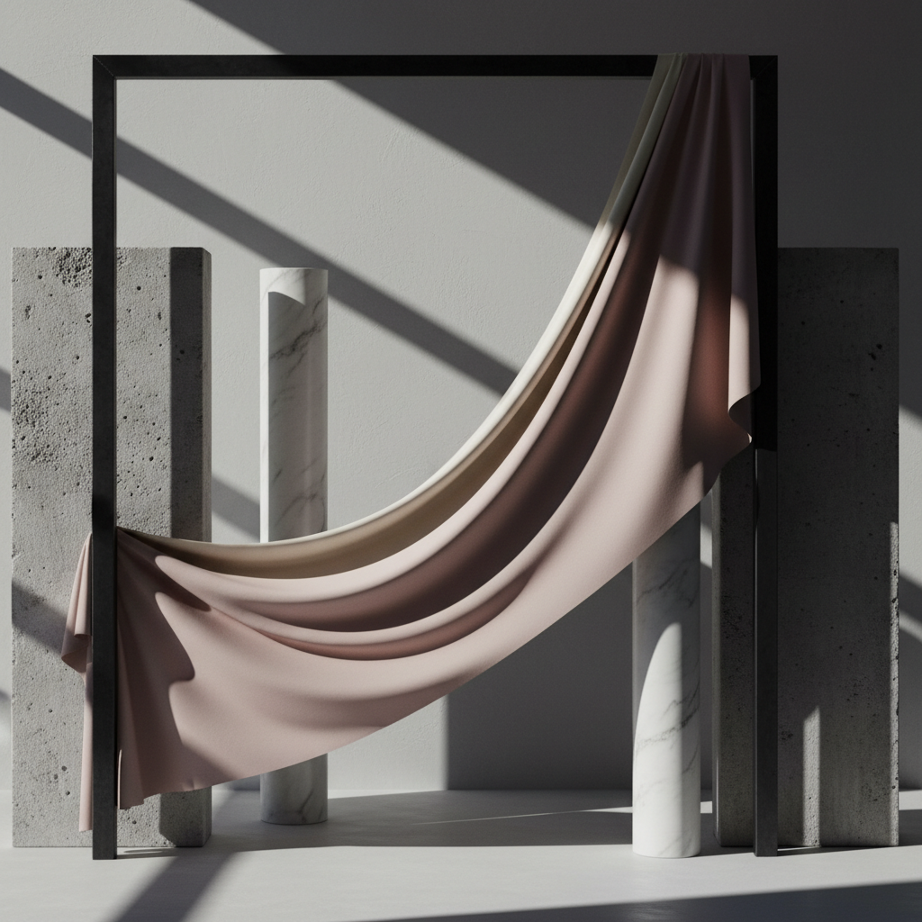 A striking editorial fashion still life — draped silk fabric in muted tones of ivory and dusty rose arranged over architectural objects, moody directional lighting, high-fashion magazine aesthetic, minimalist composition with strong shadow play