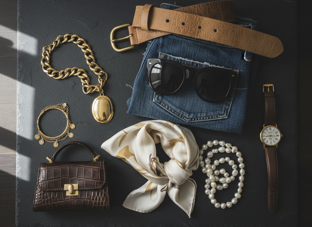 Fashion accessories and textures flat lay — personal style
